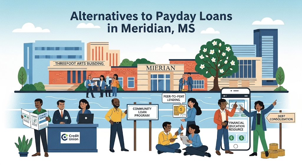 A graphical image titled "Alternatives to Payday Loans in Meridian, MS," showing people exploring options like credit unions, community loan programs, and financial resources.
