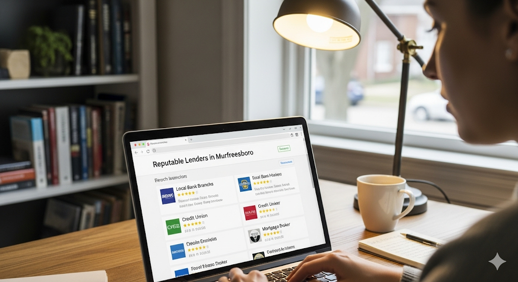 A person is researching "Reputable Lenders in Murfreesboro" on their laptop, with a focused expression, in a cozy home office setting.