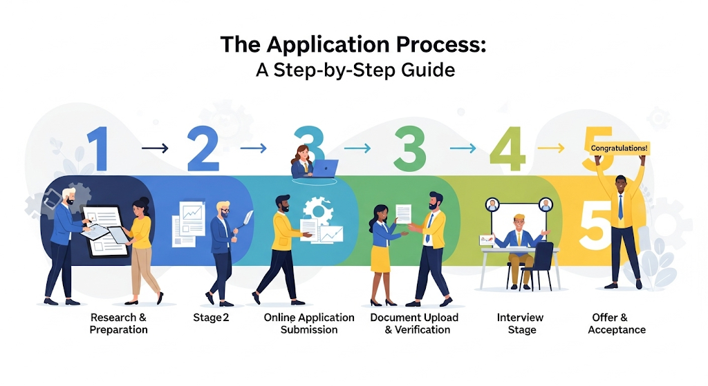 A graphical image illustrating "The Application Process: A Step-by-Step Guide," showing people moving through stages of research, application, document submission, and acceptance.