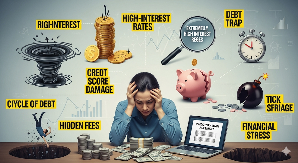 A stressed woman sits at a desk surrounded by visual representations of the risks of payday loans, such as "high-interest rates," "debt trap," and "financial stress."