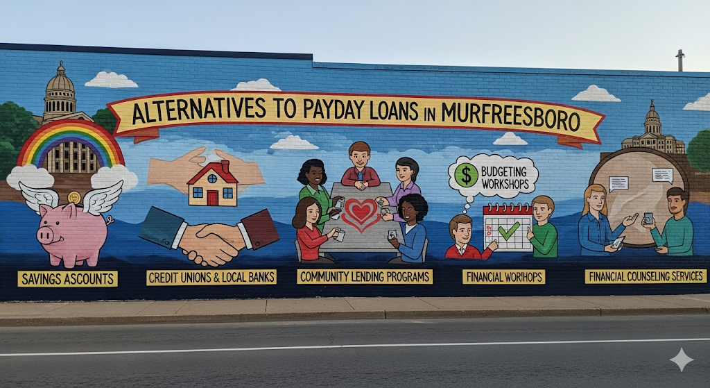 A colorful mural on a brick wall titled "Alternatives to Payday Loans in Murfreesboro" with illustrations depicting savings accounts, credit unions, community lending programs, financial workshops, and financial counseling services.