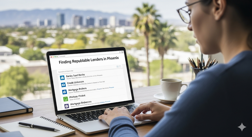 A person sits at a desk with a view of the Phoenix skyline, using a laptop to search for "Finding Reputable Lenders in Phoenix" online.