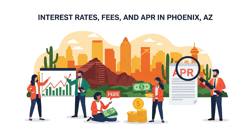 A graphical image titled "Interest Rates, Fees, and APR in Phoenix, AZ," shows people analyzing graphs, a calculator, and a document to understand financial costs.