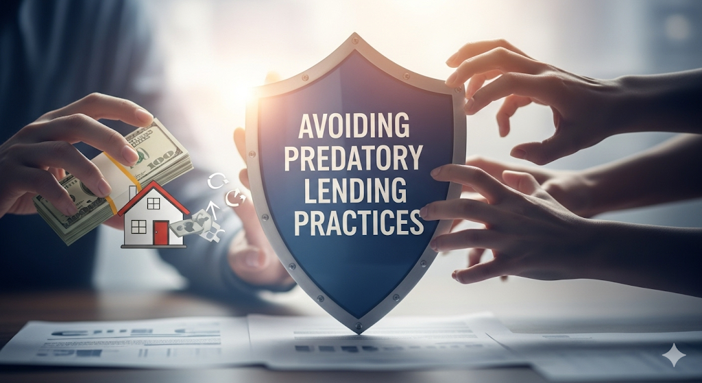 A shield with the words "Avoiding Predatory Lending Practices" protects a house and money from several grasping hands, symbolizing protection from financial scams.