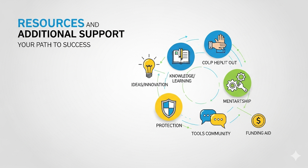 An infographic titled "Resources and Additional Support" showing a network of icons for ideas, knowledge, mentorship, and funding, illustrating a comprehensive support system.