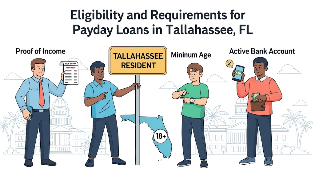 A graphical image illustrating eligibility and requirements for payday loans, showing characters holding documents for proof of income, minimum age, and an active bank account.
