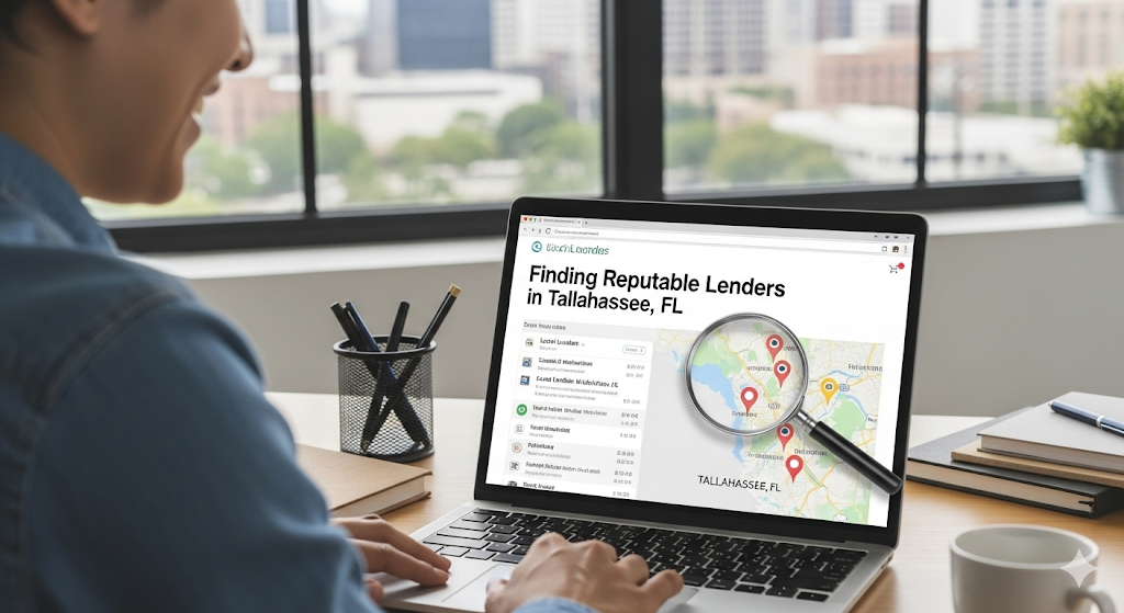 A person researches "Finding Reputable Lenders in Tallahassee, FL" on a laptop, with the screen showing a map and a list of local lenders.
