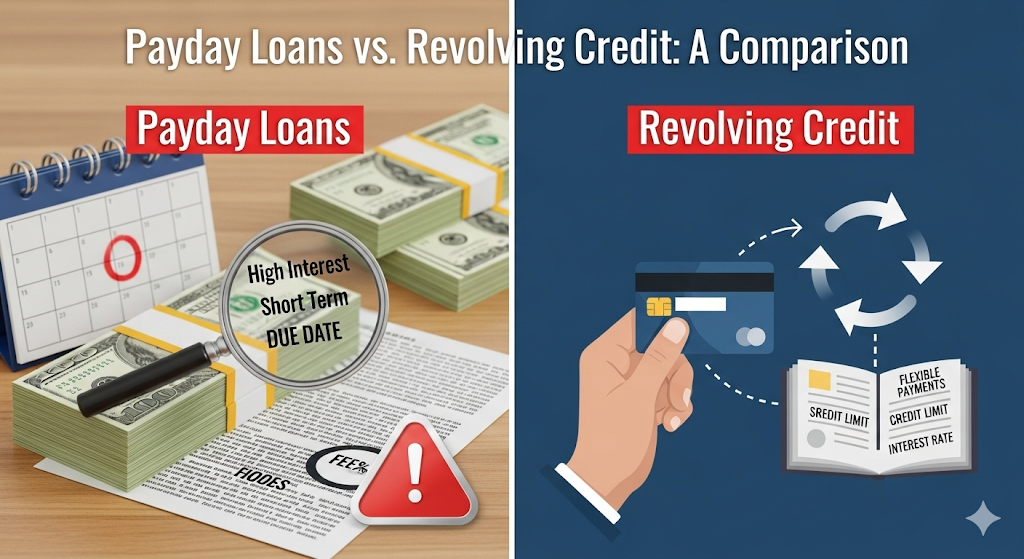 A comparison image showing payday loans with cash and a strict due date on one side, and revolving credit with a credit card and flexible payments on the other.