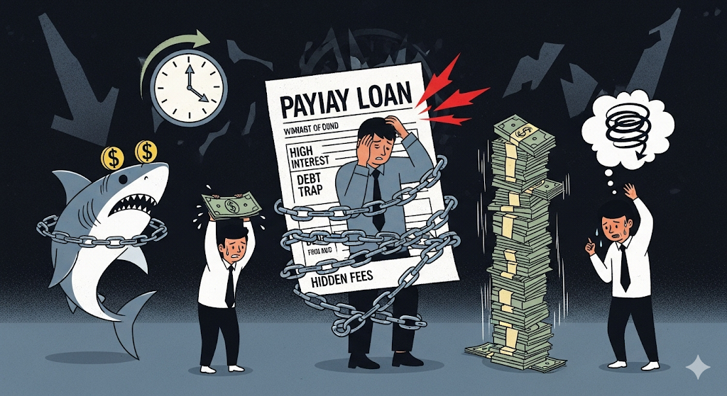 A graphical image titled "The Risks and Dangers of Payday Loans," showing a man trapped by a loan form, surrounded by symbols of high interest and debt.