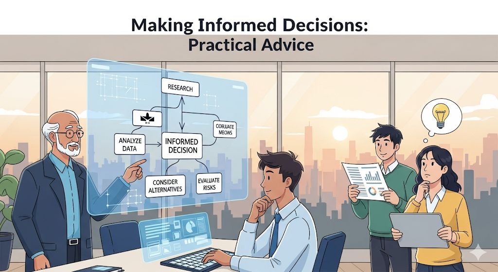 A graphical image titled "Making Informed Decisions: Practical Advice" showing people looking at a flowchart, analyzing data, and thinking about options.