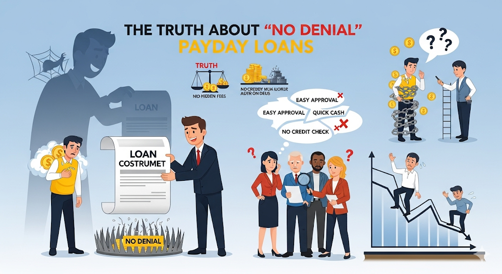 A graphical image illustrating "The Truth About 'No Denial' Payday Loans," showing a man entering a trap while being offered a loan document, surrounded by symbols of debt.