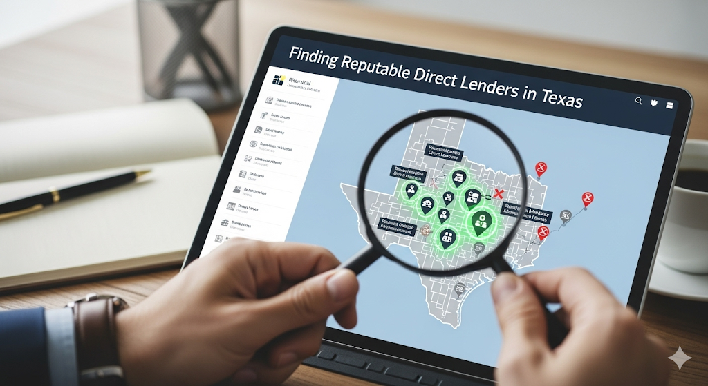 Alt text: A person uses a magnifying glass to look at a map of Texas on a tablet, searching for reputable direct lenders.
