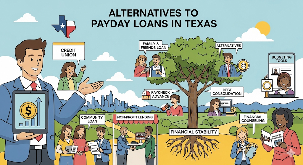 A graphical image illustrating alternatives to payday loans in Texas. It shows a tree with roots representing financial stability and branches with different options like credit unions, non-profit lending, and budgeting tools.