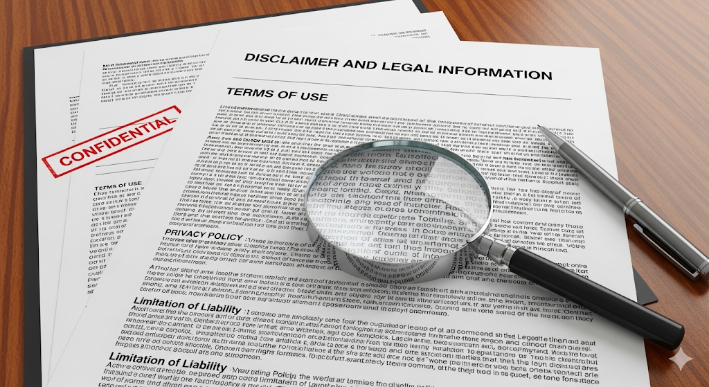A legal document titled "Disclaimer and Legal Information" sits on a wooden desk, with a magnifying glass placed over the fine print.