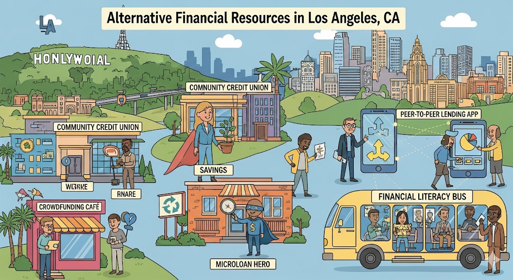 A graphical image titled "Alternative Financial Resources in Los Angeles," showing people using credit unions, microloans, and crowdfunding to manage their finances.