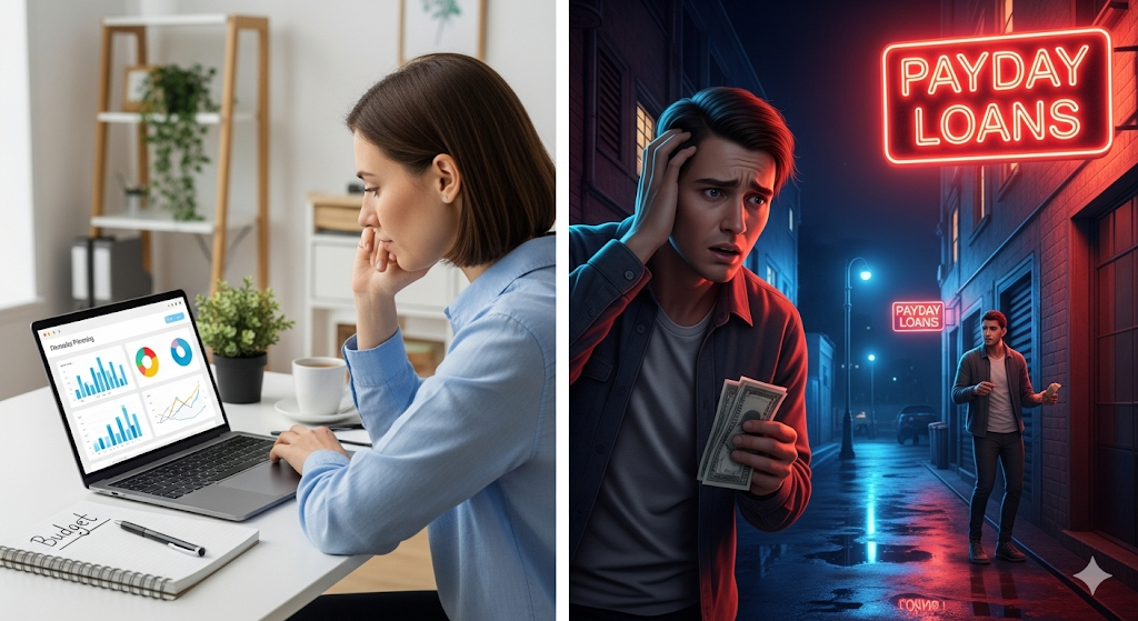 Alt text: A split-screen image contrasts a woman calmly managing her finances on a laptop with a stressed man considering a payday loan at night.