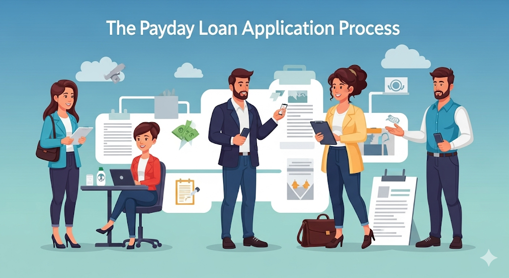 A graphical image titled "The Payday Loan Application Process," showing a group of people and various steps involved in applying for a payday loan.