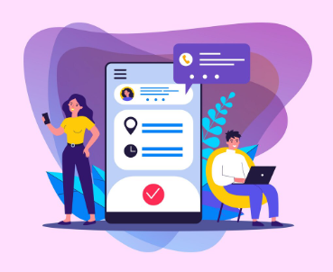 "Illustration of a woman holding a phone and a man using a laptop next to a large smartphone screen with app interface icons."