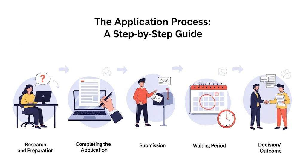 A graphical image titled "The Application Process: A Step-by-Step Guide," showing people moving through stages of research, application, submission, and acceptance.