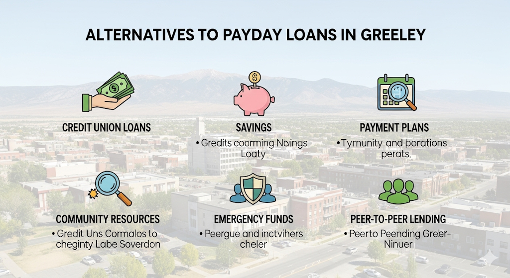 Alt text: An infographic titled "Alternatives to Payday Loans in Greeley" displays six options with icons: Credit Union Loans, Savings, Payment Plans, Community Resources, Emergency Funds, and Peer-to-Peer Lending, over a city view.