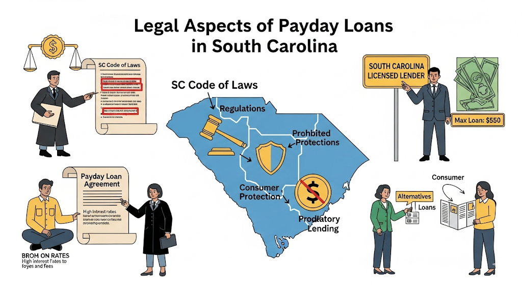 A graphical image titled "Legal Aspects of Payday Loans in South Carolina," showing a map of SC with legal symbols and people discussing payday loan regulations.