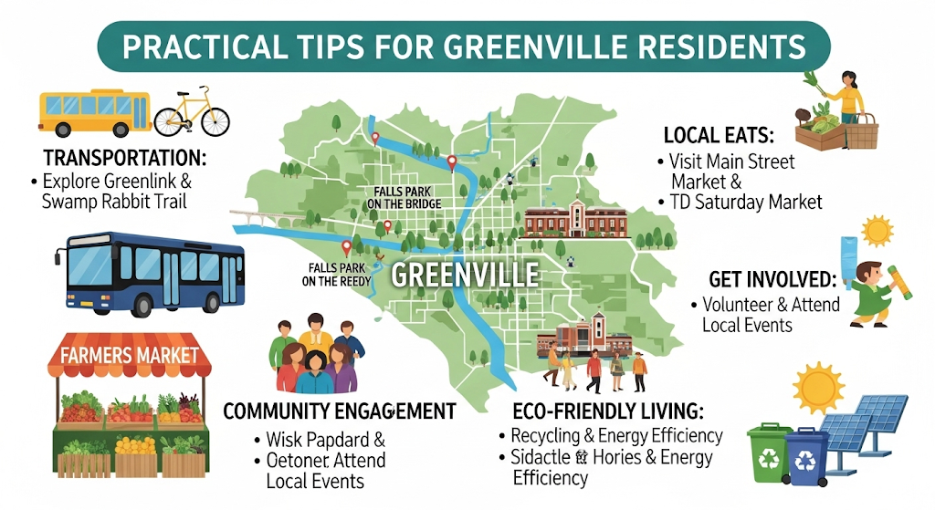 Alt text: An infographic titled "Practical Tips for Greenville Residents" with a map of Greenville surrounded by tips and illustrations for transportation, local eats, community engagement, and eco-friendly living.