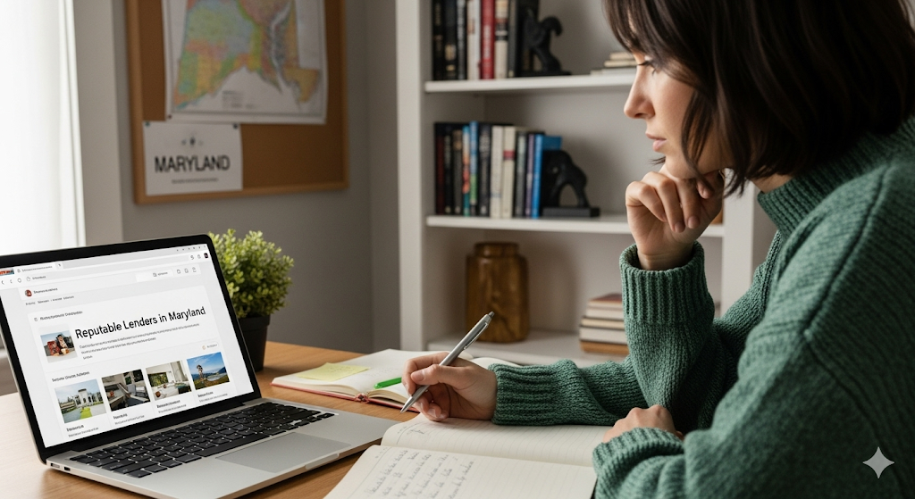 Alt text: A person researches "Reputable Lenders in Maryland" on a laptop in a home office, with a map of Maryland visible in the background.