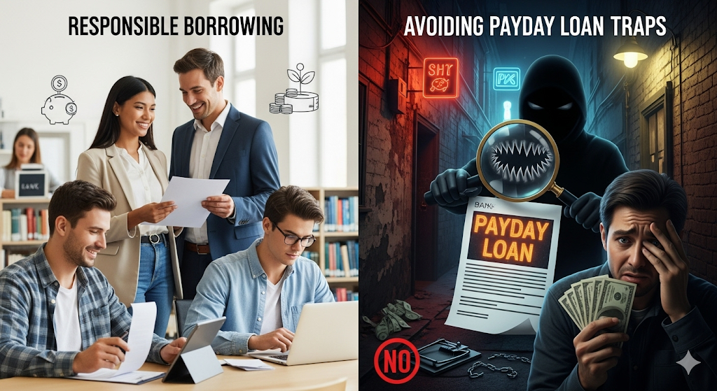 A split-screen image contrasts responsible borrowing in a bright, professional setting with the dark, predatory nature of payday loan traps in a shadowy alley.