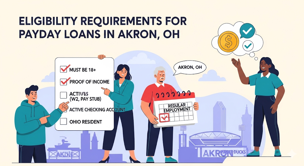 A graphical image illustrating eligibility requirements for payday loans in Akron, OH, showing a checklist, a calendar, and a person with a thought bubble of money and check marks.