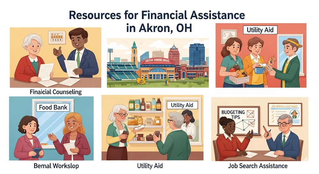 A graphical image titled "Resources for Financial Assistance in Akron," showing people at a food bank, a financial counseling desk, and a job search assistance workshop.