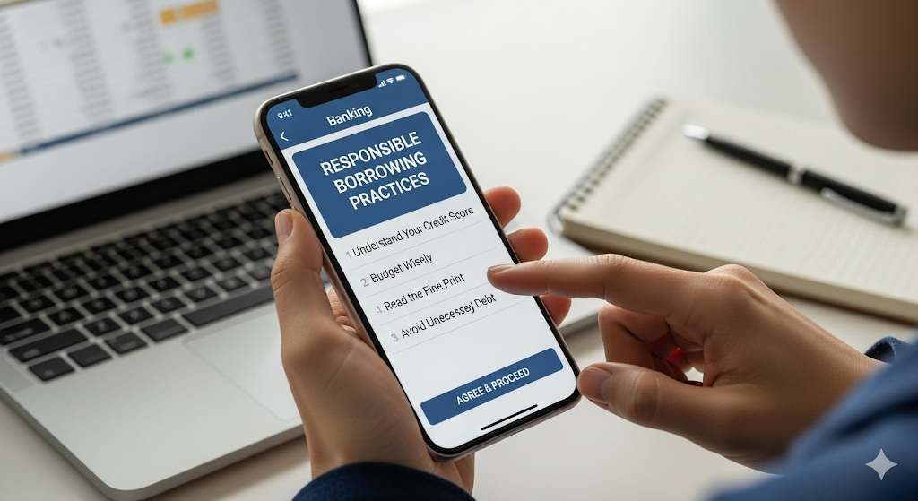 Alt text: A person's hands hold a smartphone displaying an app on "Responsible Borrowing Practices," with a finger pointing to the list of tips. A laptop and notebook are in the background.