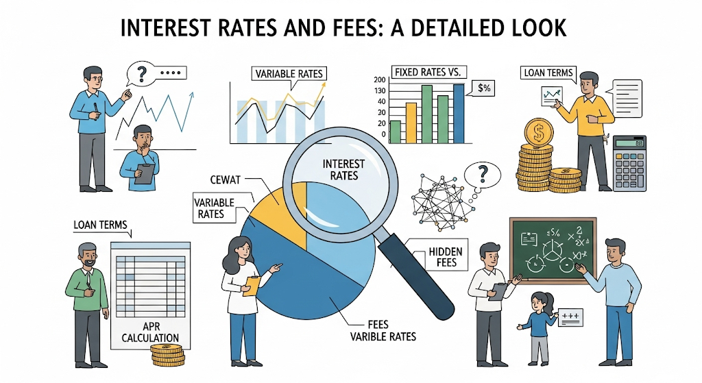 A graphical image illustrating "Interest Rates and Fees: A Detailed Look," showing people looking at a pie chart, graphs, and documents with a magnifying glass.