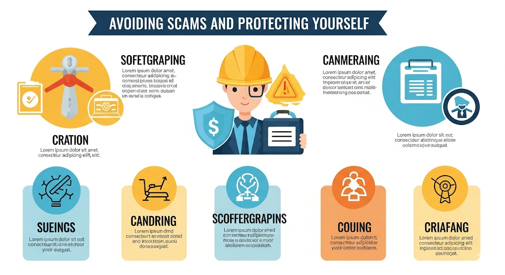 Alt text: An infographic titled "Avoiding Scams and Protecting Yourself" features a central figure holding a shield and briefcase, surrounded by various icons and text boxes explaining how to stay safe from scams.