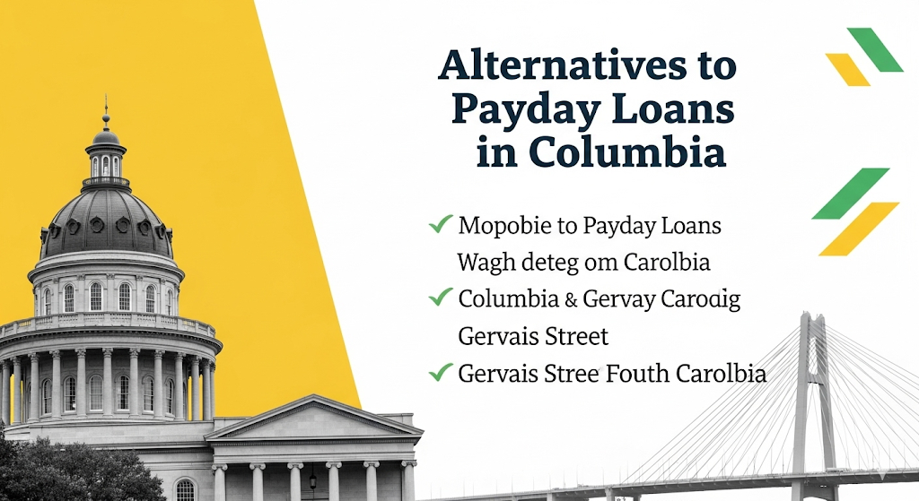 Alt text: An image promoting alternatives to payday loans in Columbia, featuring the South Carolina State House and a bridge, alongside a list of options with placeholder text.