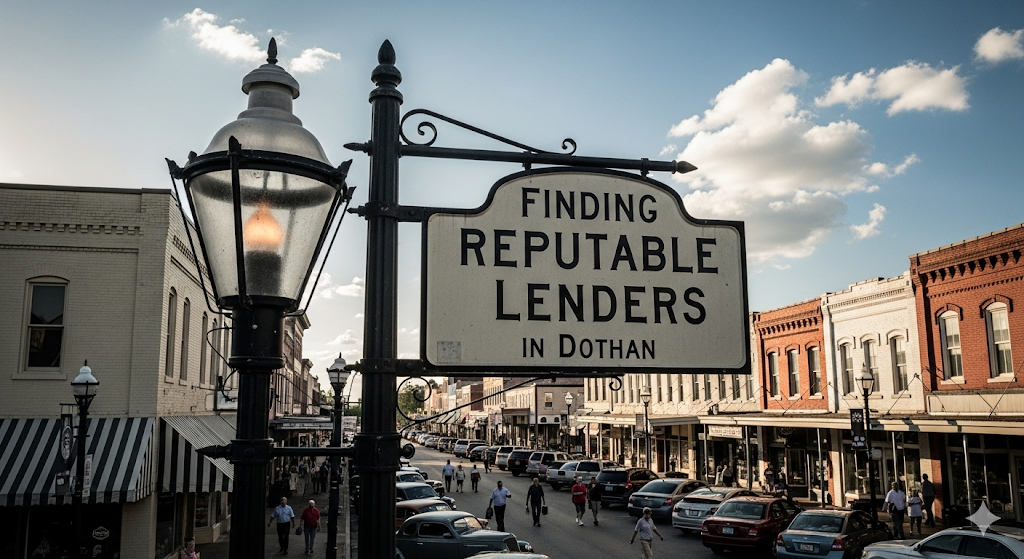 Alt text: A vintage-style street sign reads "Finding Reputable Lenders in Dothan" on a bustling historic street at sunset.