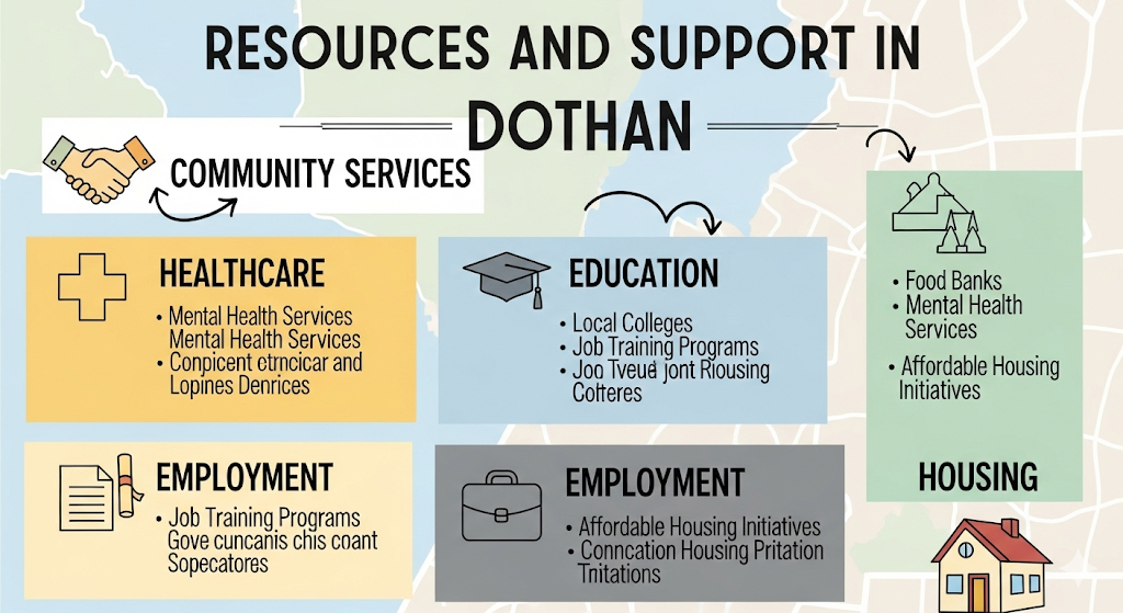 Alt text: An infographic titled "Resources and Support in Dothan" displays categories like community services, healthcare, and housing with relevant icons and a map of Dothan in the background.