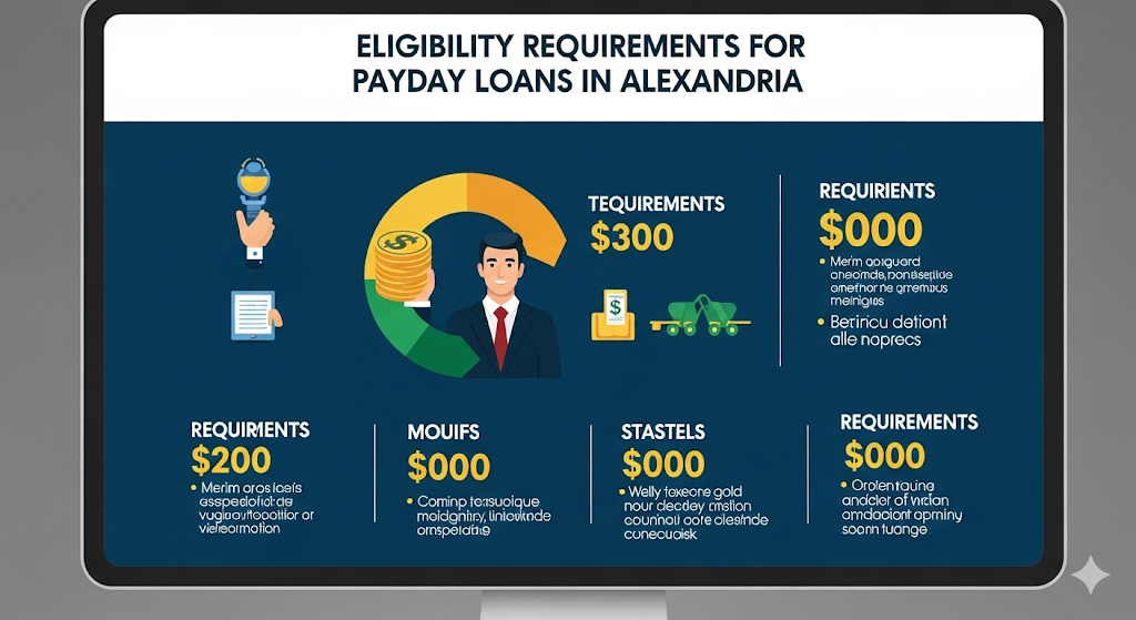 Alt text: An infographic on a computer screen titled "Eligibility Requirements for Payday Loans in Alexandria" displays various requirements with dollar amounts and placeholder text.