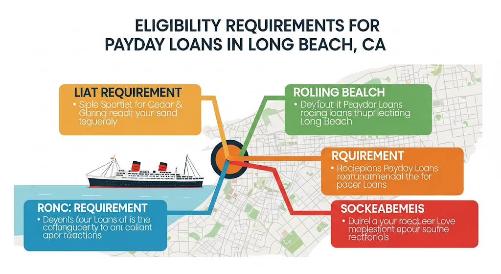 Alt text: An infographic titled "Eligibility Requirements for Payday Loans in Long Beach, CA" shows a map of Long Beach with the Queen Mary ship and four colored boxes with placeholder text.