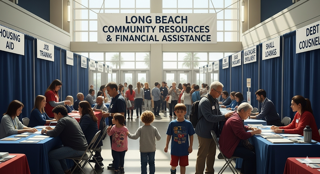 Alt text: A bustling community resource fair in Long Beach, with a large banner overhead and attendees seeking information at various financial and community support booths.