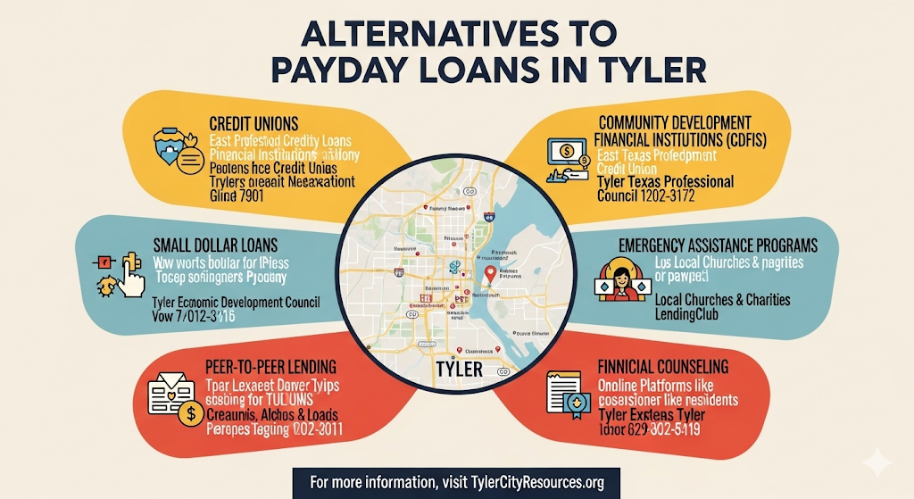 Alt text: An infographic titled "Alternatives to Payday Loans in Tyler" with a central map of Tyler, Texas, surrounded by six sections detailing different financial alternatives, including credit unions, small dollar loans, and emergency assistance programs.