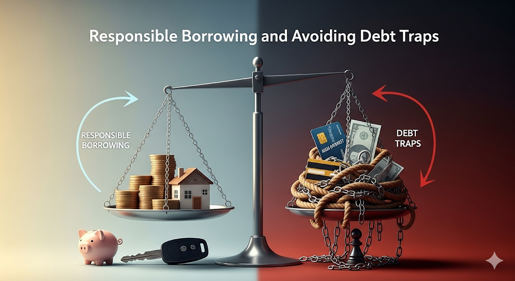 Alt text: An image depicting a scale balancing "Responsible Borrowing" with a stack of coins and a house on one side, against "Debt Traps" with tangled ropes and high-interest credit cards on the other.