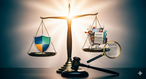 Alt text: A balanced scale weighs a shield representing legal protections against a shopping cart full of products and a book of consumer rights, with a gavel and magnifying glass nearby.