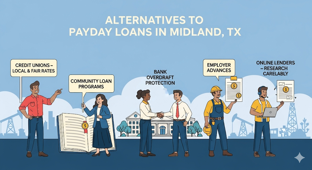 A graphical image titled "Alternatives to Payday Loans in Midland, TX," showing people pointing to various financial options like credit unions, community loan programs, and employer advances.