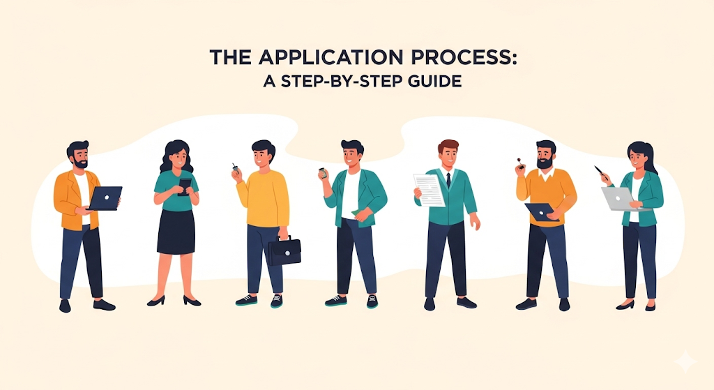 A graphical image illustrating "The Application Process: A Step-by-Step Guide," showing a line of diverse human characters holding different documents and devices, representing a series of steps.