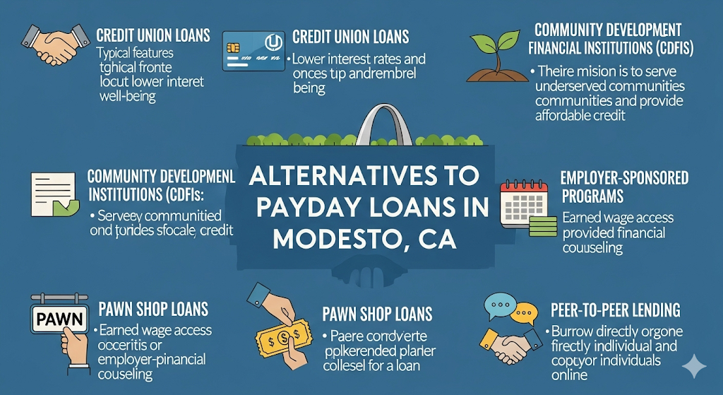 Infographic: "Alternatives to Payday Loans in Modesto, CA," showing Credit Unions, CDFIs, Employer Programs, Pawn Loans, and Peer-to-Peer Lending.
