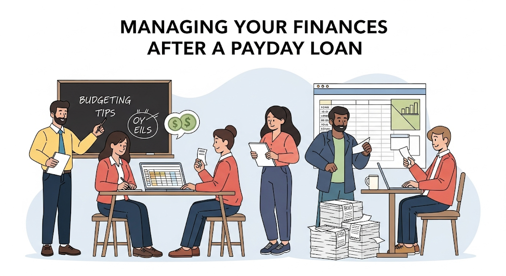 A graphical image illustrating "Managing Your Finances After a Payday Loan," showing people getting financial advice, creating a budget, and paying bills.