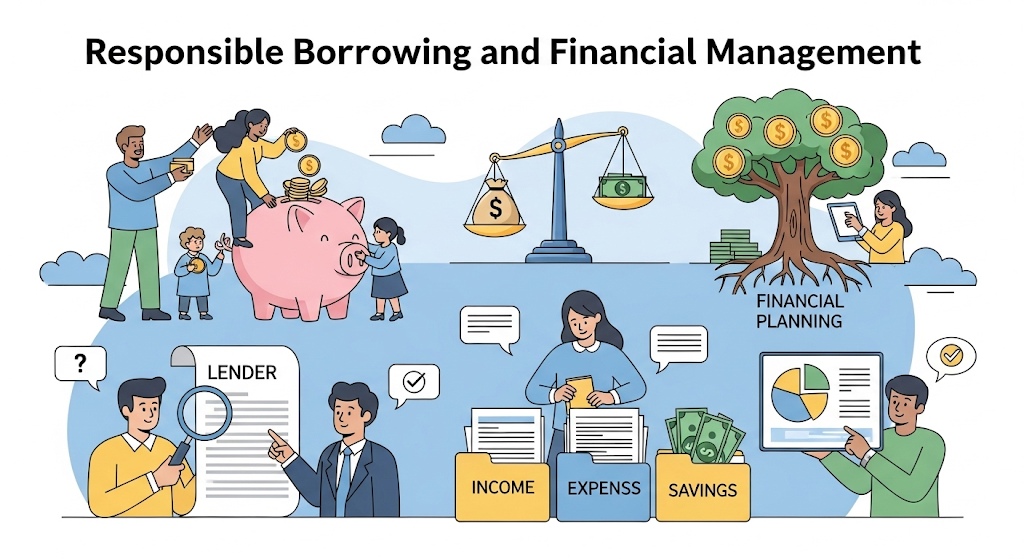 A graphical image titled "Responsible Borrowing and Financial Management," showing people looking at a loan agreement, saving money in a piggy bank, and organizing their finances.