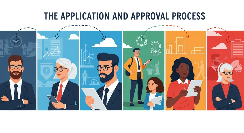 A graphical image titled "The Application and Approval Process," showing a line of diverse human characters holding different documents and devices, representing a series of steps.