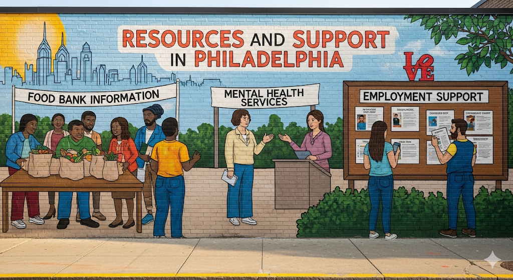 A Philadelphia mural shows community resources like a food bank, mental health services, and employment support for residents.