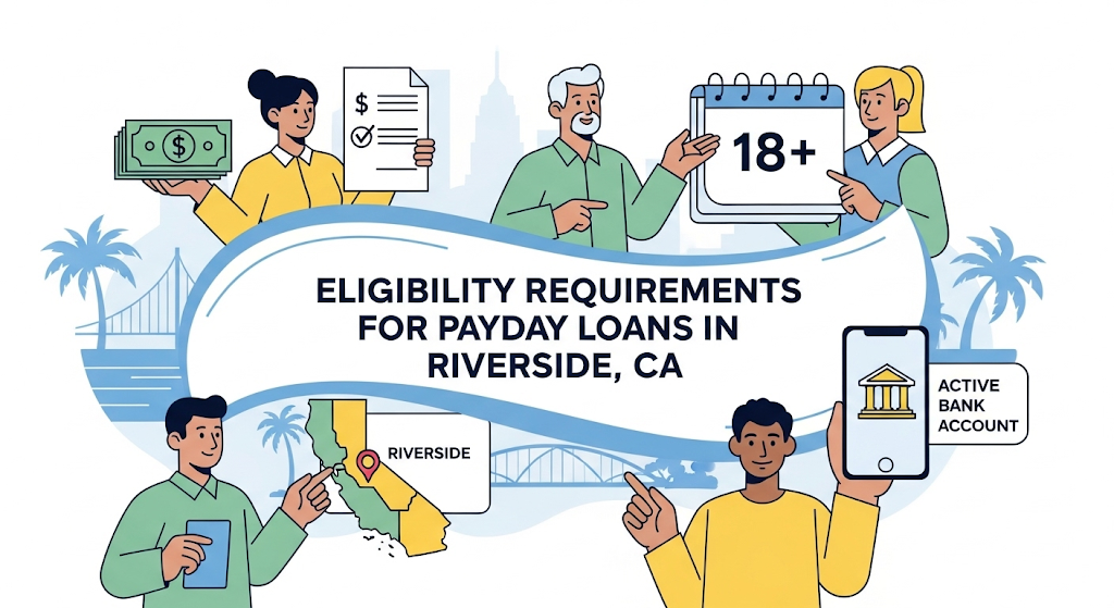 A graphical image titled "Eligibility Requirements for Payday Loans in Riverside, CA," showing people and icons representing income, age, residency, and a bank account.